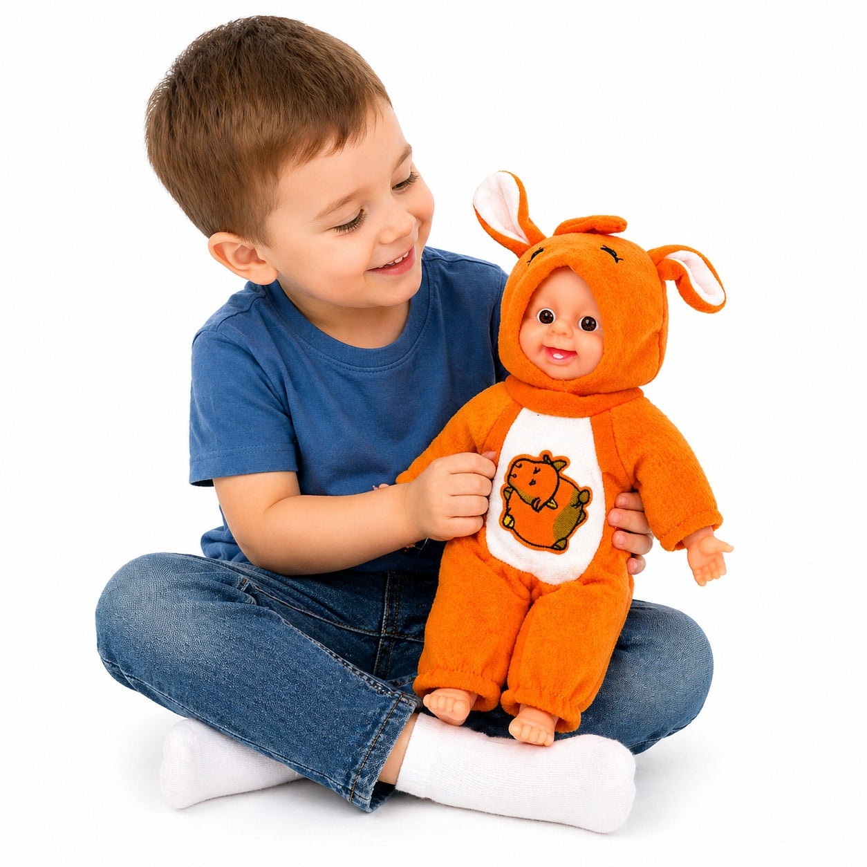Papusa bebelus 35cm care rade, costum portocaliu cu gluga, jucarie copii