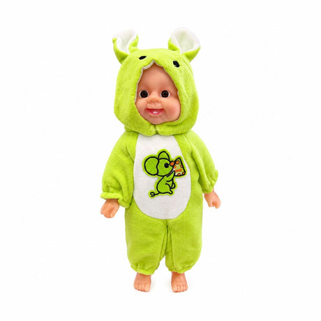 Papusa bebelus 35cm care rade, costum verde cu gluga, jucarie copii