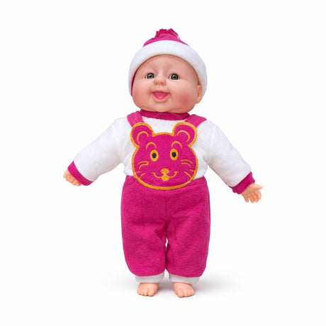 Papusa bebelus 40 cm cu ras de bebelus, salopeta roz intens cu ursulet, jucarie interactiva