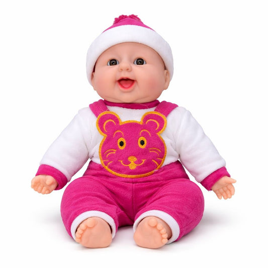 Papusa bebelus 40 cm cu ras de bebelus, salopeta roz intens cu ursulet, jucarie interactiva