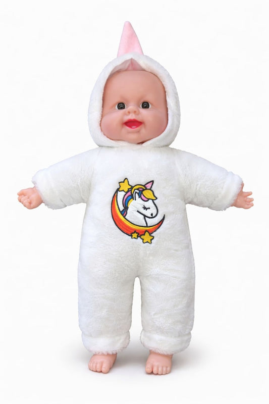 Papusa bebelus 50 cm, costum alb pufos cu unicorn, recita Ingerasul, jucarie interactiva
