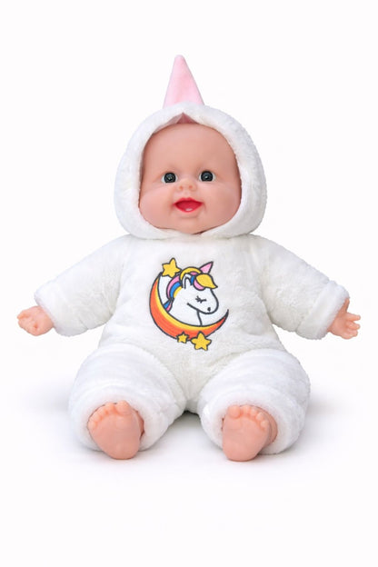 Papusa bebelus 50 cm, costum alb pufos cu unicorn, recita Ingerasul, jucarie interactiva