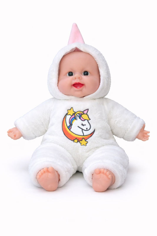 Papusa bebelus 50 cm, costum alb pufos cu unicorn, recita Ingerasul, jucarie interactiva