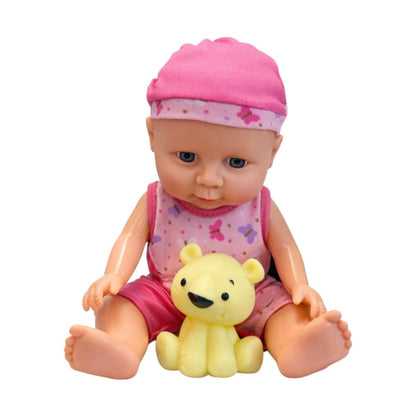 Păpușă bebeluș cu animal de pluș, material plastic și textil, 19x23x11,5 cm