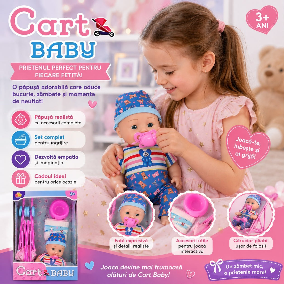 Păpușă Bebeluș cu Cărucior și Accesorii – Set de Îngrijire pentru Copii 3+