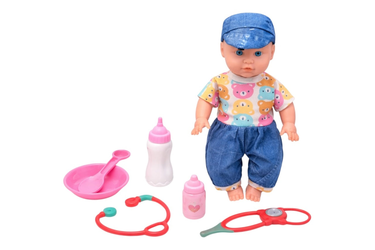 Păpușă bebeluș interactiv cu sunete, îmbrăcată modern, jucărie din plastic și textil, 23x32x11 cm