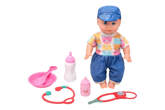 Păpușă bebeluș interactiv cu sunete, îmbrăcată modern, jucărie din plastic și textil, 23x32x11 cm