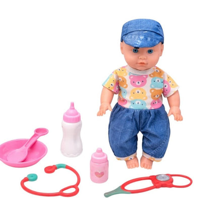 Păpușă bebeluș interactiv cu sunete, îmbrăcată modern, jucărie din plastic și textil, 23x32x11 cm