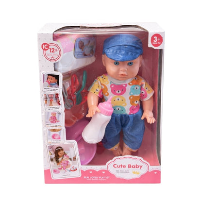 Păpușă bebeluș interactiv cu sunete, îmbrăcată modern, jucărie din plastic și textil, 23x32x11 cm