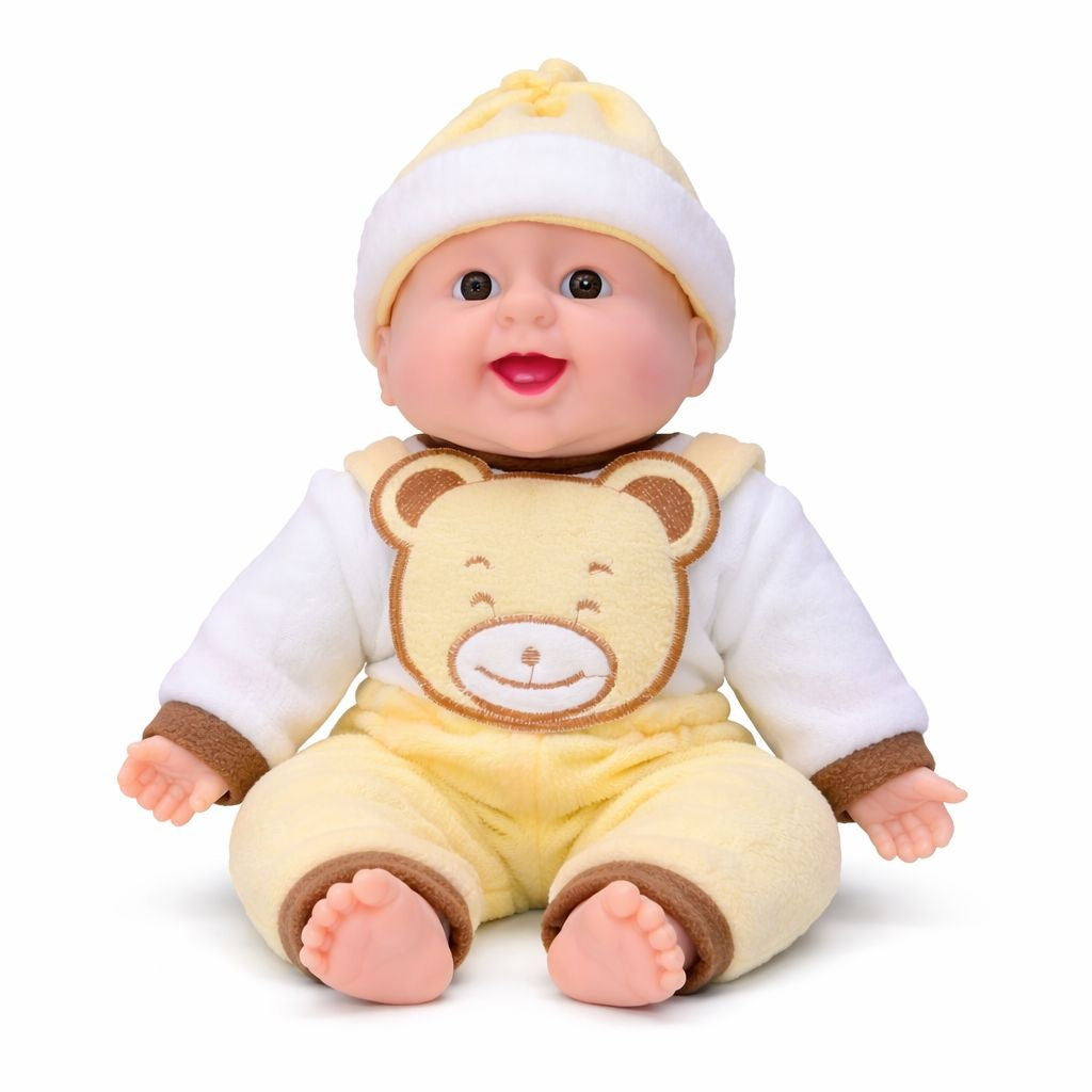 Papusa bebelus interactiva 40 cm, costum galben cu ursulet, rade in hohote, baterii incluse