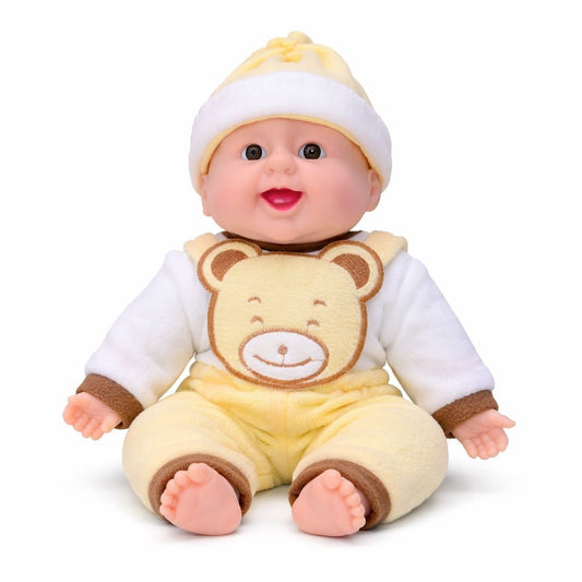Papusa bebelus interactiva 40 cm, costum galben cu ursulet, rade in hohote, baterii incluse