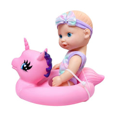 Păpușă Bebelus Luna Bebe cu colac unicorn roz pentru baie, 17.3 cm