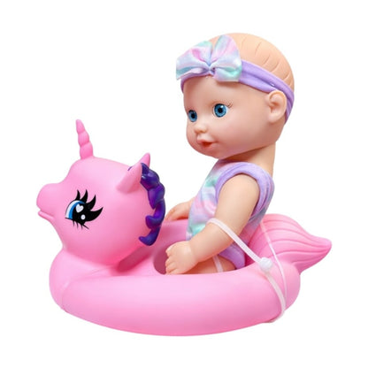 Păpușă Bebelus Luna Bebe cu colac unicorn roz pentru baie, 17.3 cm