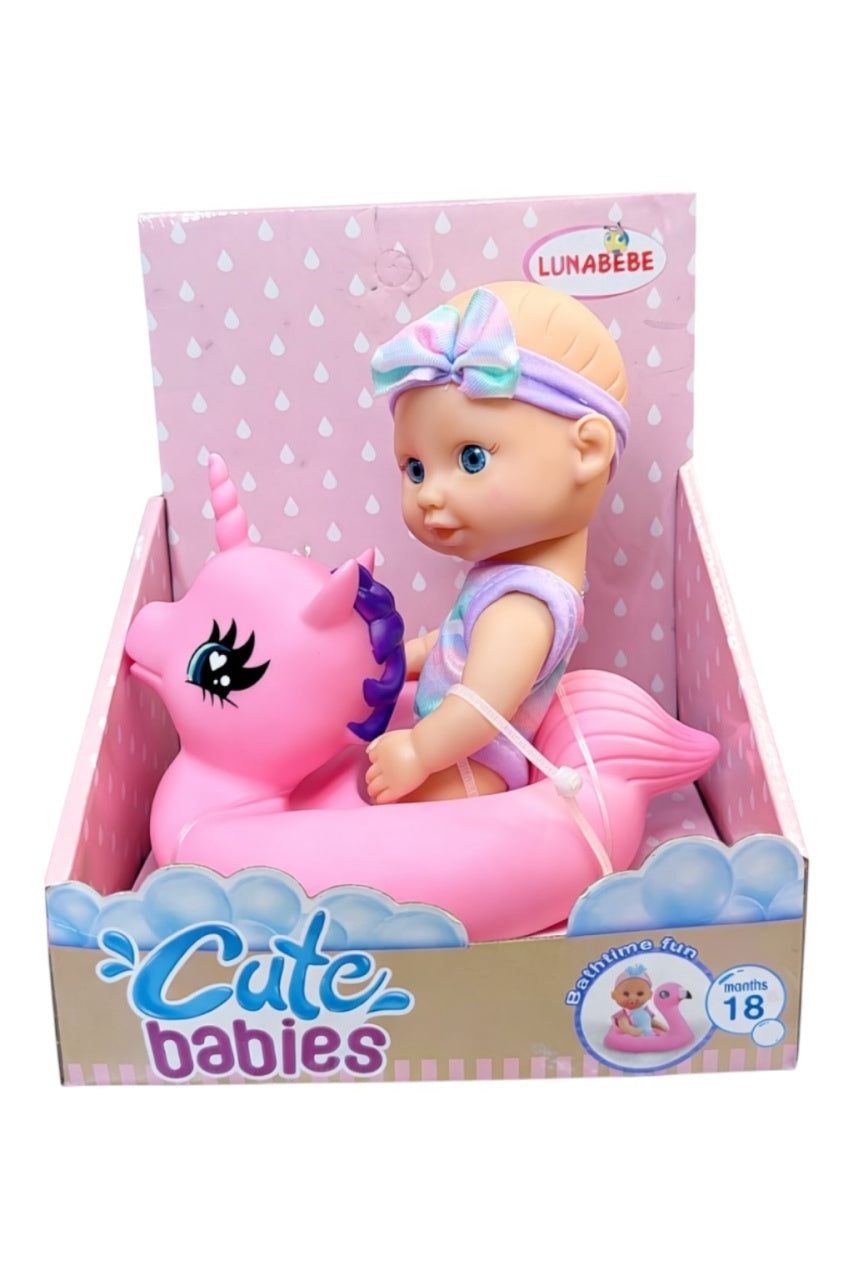 Păpușă Bebelus Luna Bebe cu colac unicorn roz pentru baie, 17.3 cm