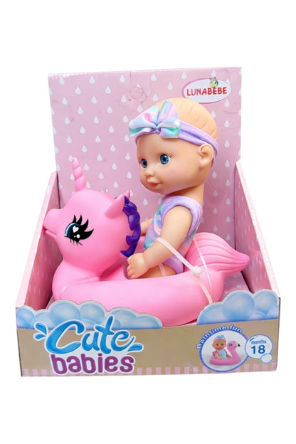 Păpușă Bebelus Luna Bebe cu colac unicorn roz pentru baie, 17.3 cm