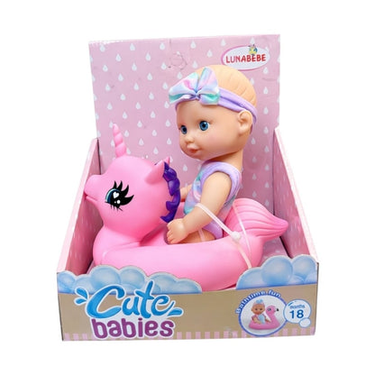 Păpușă Bebelus Luna Bebe cu colac unicorn roz pentru baie, 17.3 cm