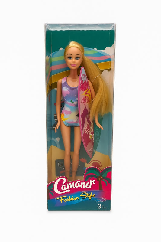 Papusa Camaner Fashion Style Surfer cu Placa de Surf si Par Blond Lung pentru Fete 3+