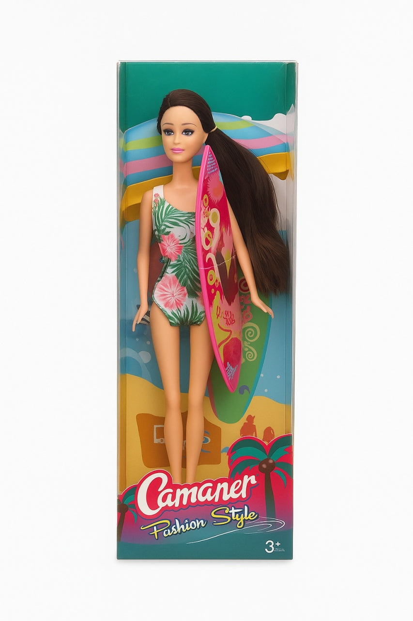 Papusa Camaner Fashion Style Surfer cu Placa de Surf si Par Lung pentru Fete 3+,32x11.5cm