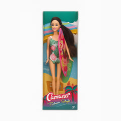 Papusa Camaner Fashion Style Surfer cu Placa de Surf si Par Lung pentru Fete 3+,32x11.5cm