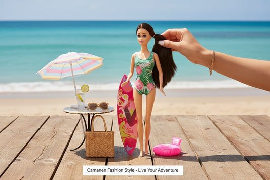 Papusa Camaner Fashion Style Surfer cu Placa de Surf si Par Lung pentru Fete 3+,32x11.5cm