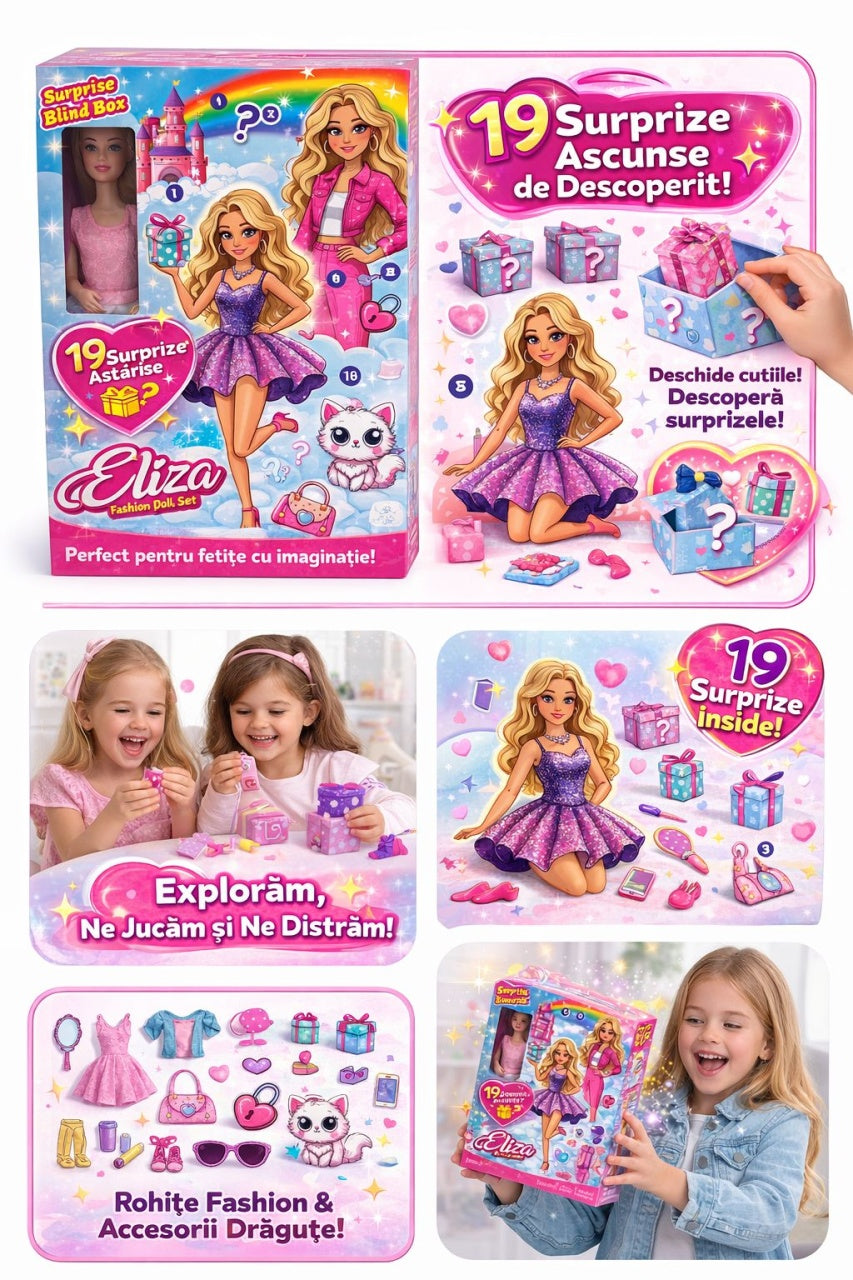 Papusa cu 19 surprize si accesorii fashion, set cadou interactiv, model Eliza