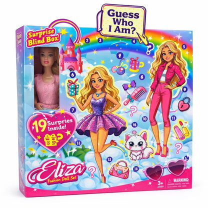 Papusa cu 19 surprize si accesorii fashion, set cadou interactiv, model Eliza