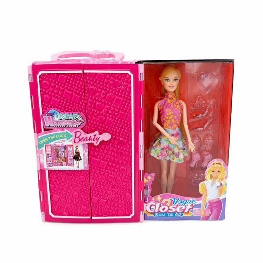 Papusa cu dressing fashion si accesorii, set complet haine si bijuterii roz