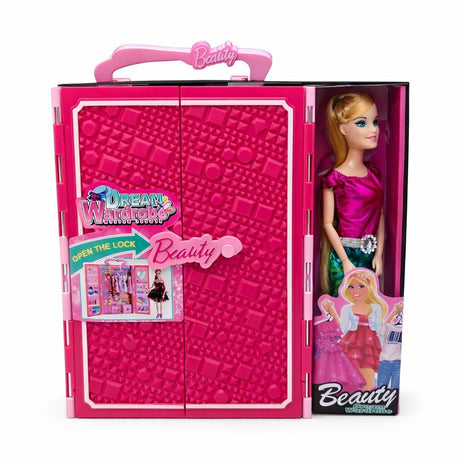 Papusa cu dressing si accesorii, set Dream Wardrobe, haine si incaltaminte incluse, roz, 32x27x6 cm
