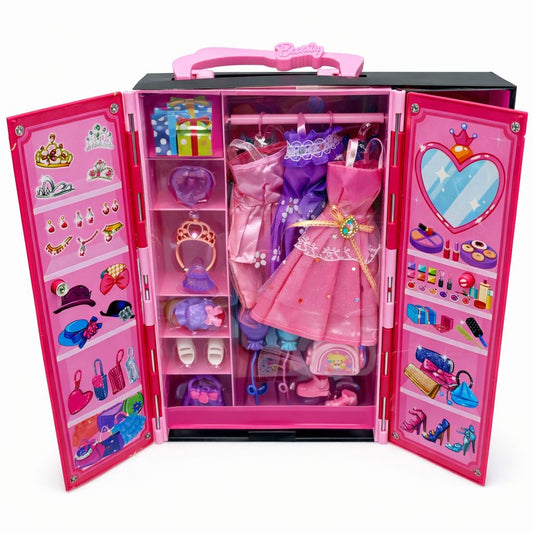 Papusa cu dressing si accesorii, set Dream Wardrobe, haine si incaltaminte incluse, roz, 32x27x6 cm