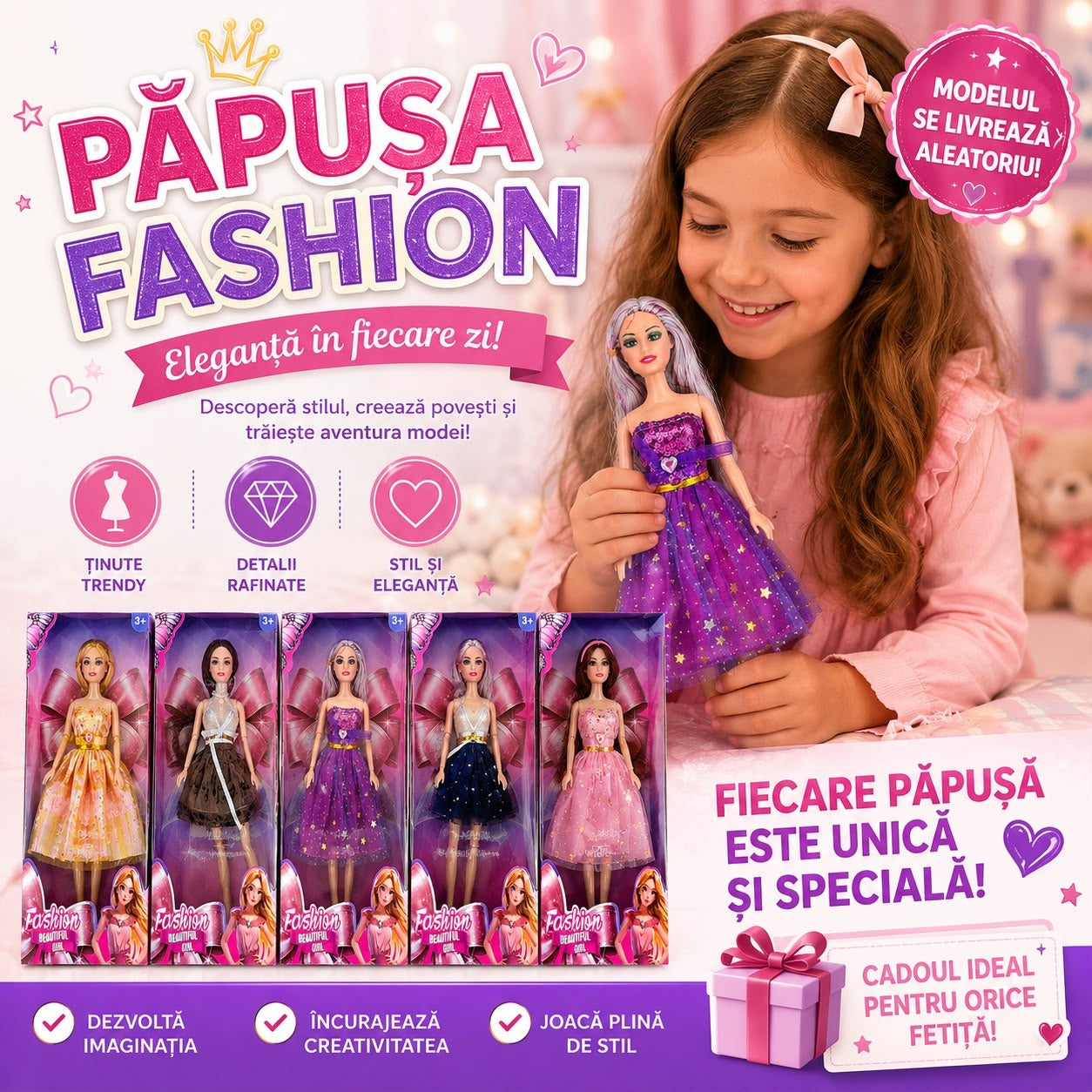 Păpușă Fashion Beautiful Girl pentru Fetițe 3+ – Model Aleatoriu, Rochie Elegantă de Prințesă