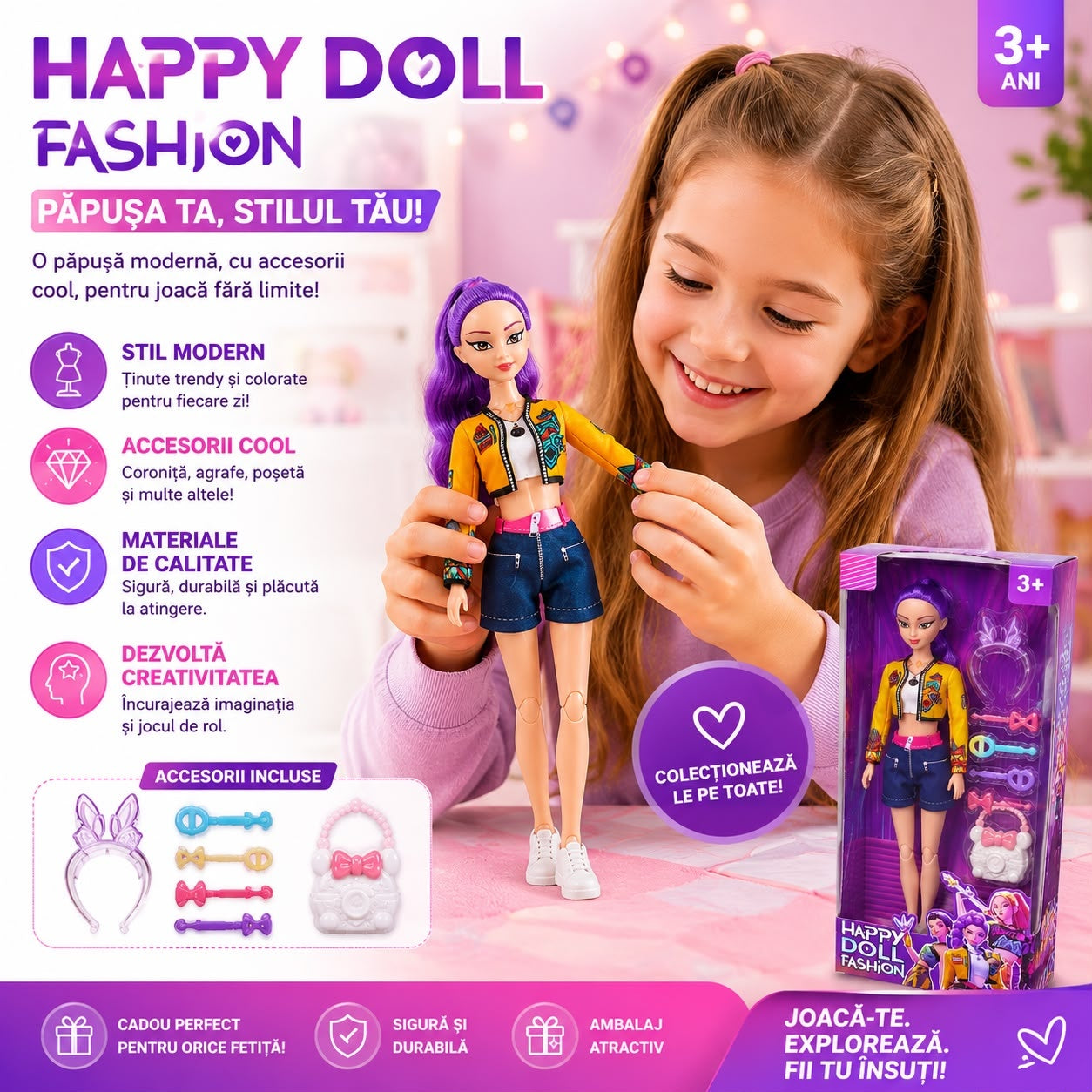 Păpușă Fashion cu Accesorii, Model Aleatoriu – Păpușă Articulată pentru Fetițe, 3+ Ani