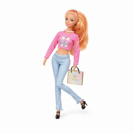 Papusa fashion cu accesorii, tinuta casual moderna cu pantaloni, geanta inclusa, 33x14x5.5 cm