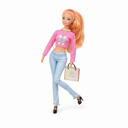 Papusa fashion cu accesorii, tinuta casual moderna cu pantaloni, geanta inclusa, 33x14x5.5 cm