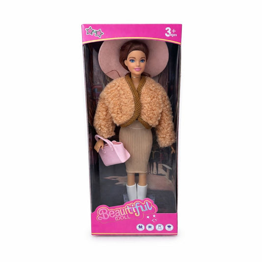 Papusa fashion cu accesorii, tinuta eleganta, palarie si geanta, bej, 32.5 cm
