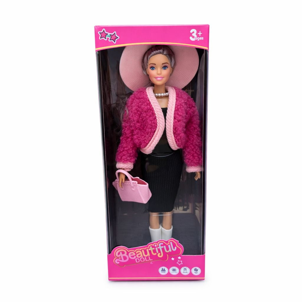 Papusa fashion cu accesorii, tinuta eleganta, palarie si geanta, roz, 32.5 cm
