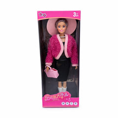 Papusa fashion cu accesorii, tinuta eleganta, palarie si geanta, roz, 32.5 cm