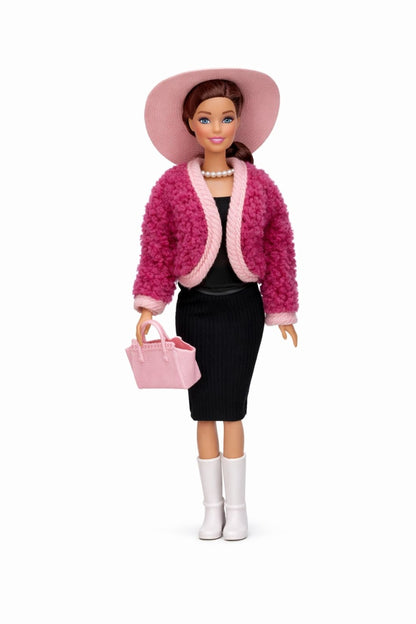 Papusa fashion cu accesorii, tinuta eleganta, palarie si geanta, roz, 32.5 cm