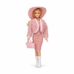 Papusa fashion cu accesorii, tinuta eleganta, palarie si geanta, roz deschis, 32.5 cm