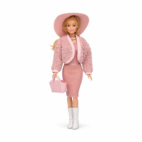 Papusa fashion cu accesorii, tinuta eleganta, palarie si geanta, roz deschis, 32.5 cm