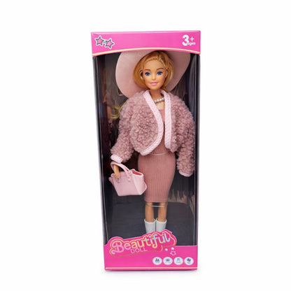 Papusa fashion cu accesorii, tinuta eleganta, palarie si geanta, roz deschis, 32.5 cm