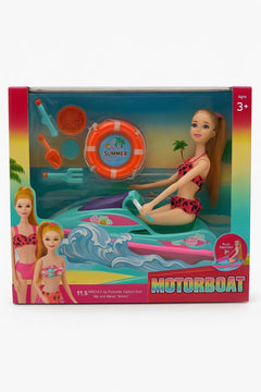 Papusa Fashion cu Skijet Motorboat si Accesorii de Plaja , Set Vara pentru Fetite 3+, 30x26cm