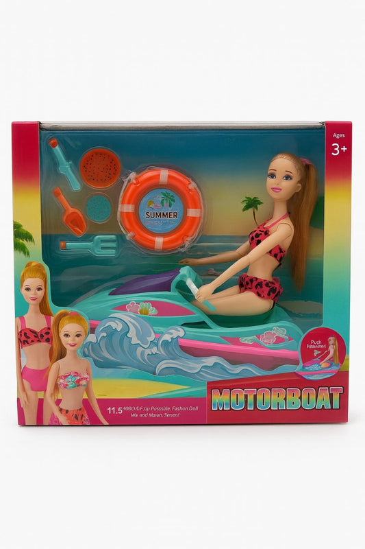Papusa Fashion cu Skijet Motorboat si Accesorii de Plaja , Set Vara pentru Fetite 3+, 30x26cm