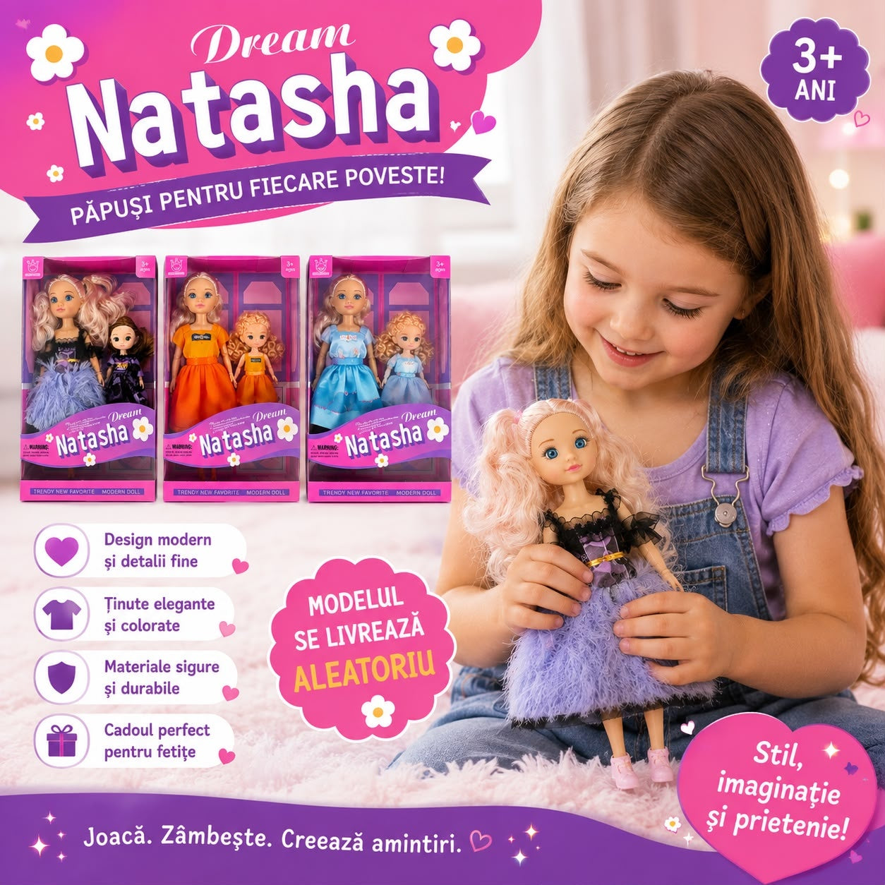 Păpușă Fashion Dream Natasha cu Mini Păpușă, Model Aleatoriu – Jucărie pentru Fetițe, 3+ Ani