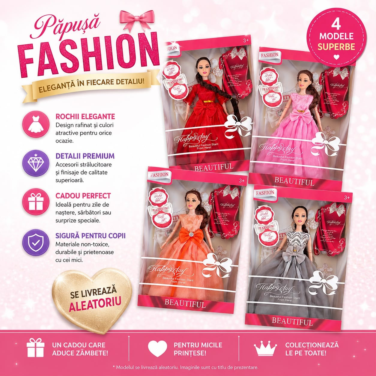 Păpușă Fashion pentru Fetițe 3+ Ani, Rochie Elegantă, Model Aleatoriu, Păpușă Prințesă
