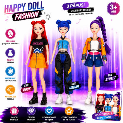 Păpușă Fashion pentru Fetițe – Păr Lung, Articulații Mobile, 3 Stiluri, Model Aleatoriu, 3+ Ani