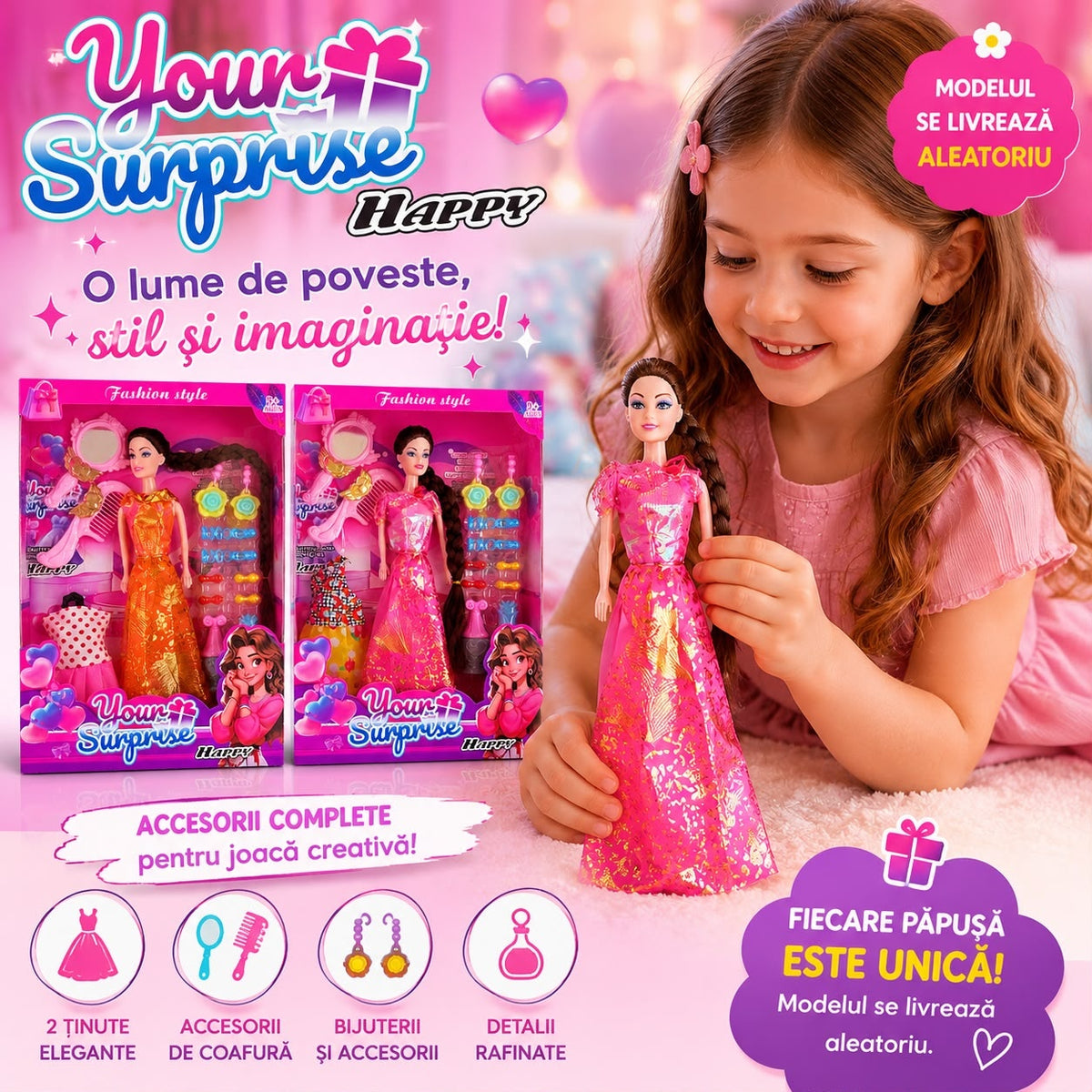 Păpușă Fashion Your Surprise Happy cu Accesorii și 2 Ținute, Model Aleatoriu – Jucărie pentru Fetițe