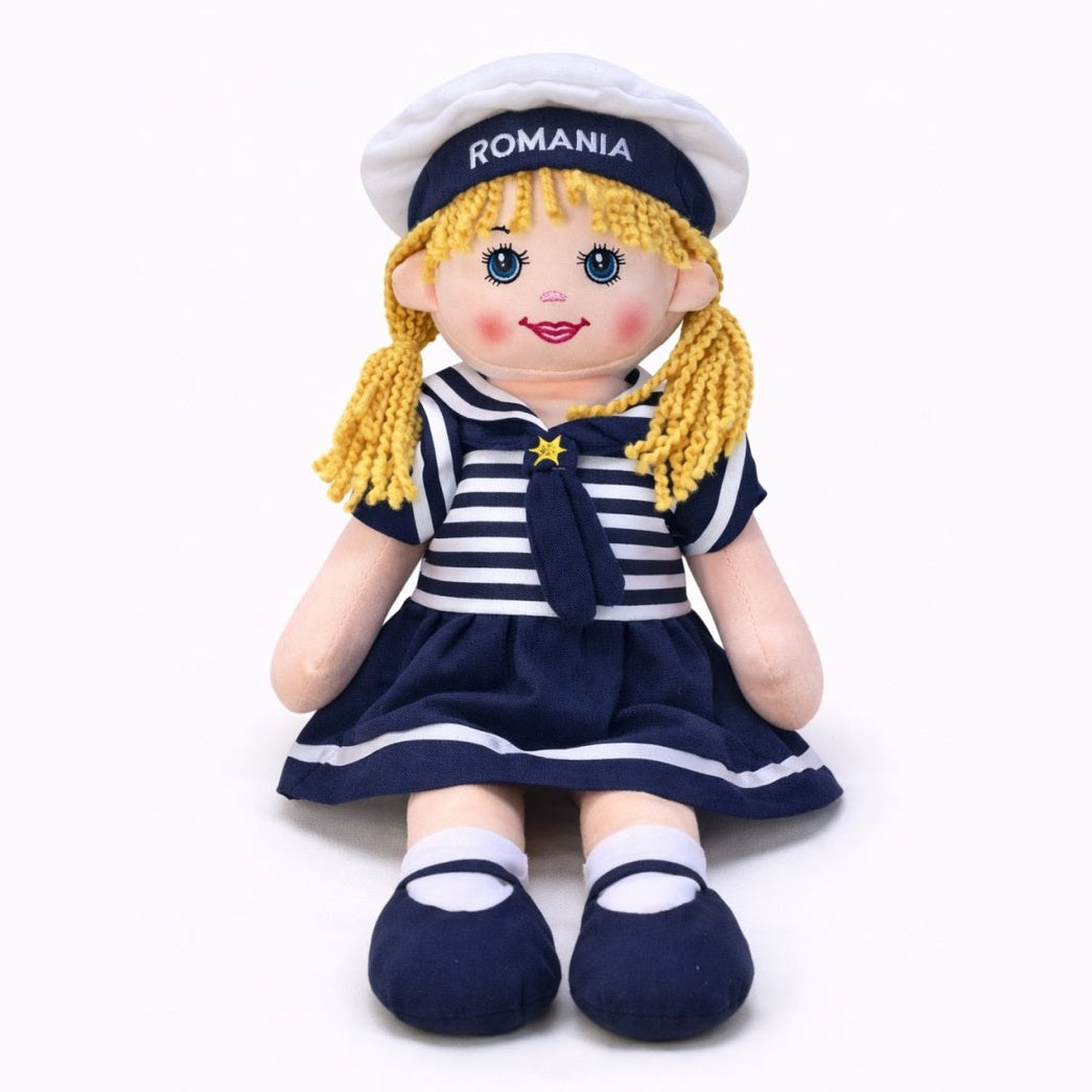 Papusa fetita marinar textil 45 cm, recita Ingerasul, papusa interactiva copii