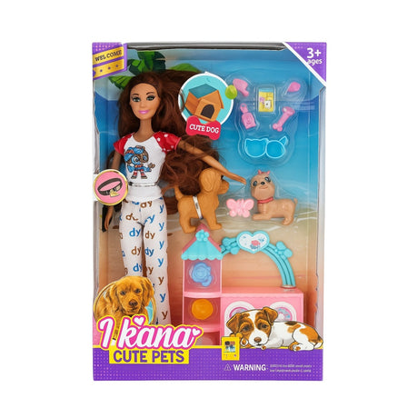 Papusa I Kana Cute Pets cu 2 catelusi si accesorii, set de joaca pentru fete, 3 ani+, 32x22 cm