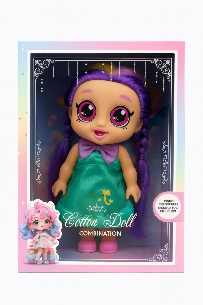 Papusa muzicala Cotton Doll cu Rochie Verde si Par Mov , Jucarie pentru Fetite, 28x20x10cm