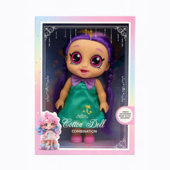 Papusa muzicala Cotton Doll cu Rochie Verde si Par Mov , Jucarie pentru Fetite, 28x20x10cm